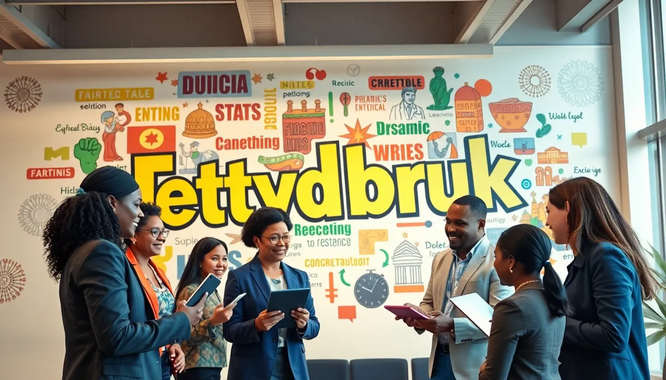 diverse professionals discussing language evolution in a modern office.